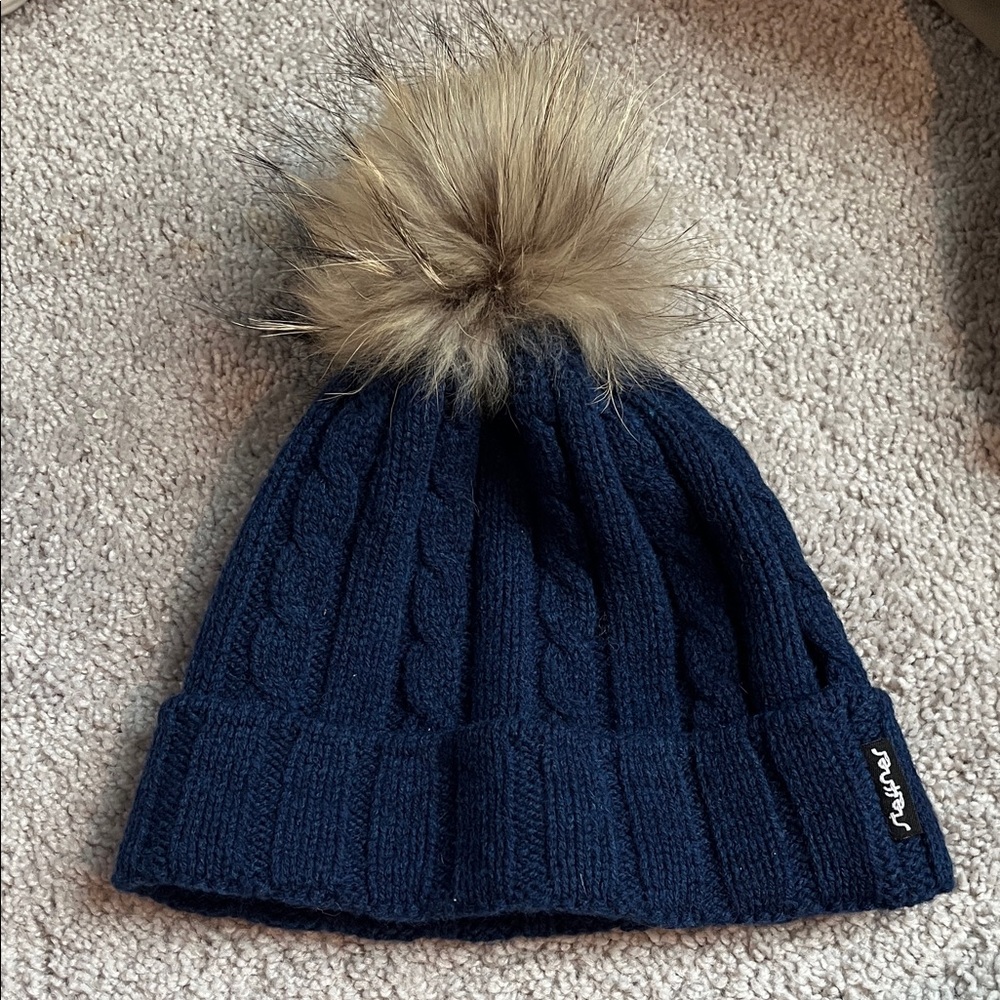 Navy Cable Knit Beanie with Faux Fur Pom-Pom